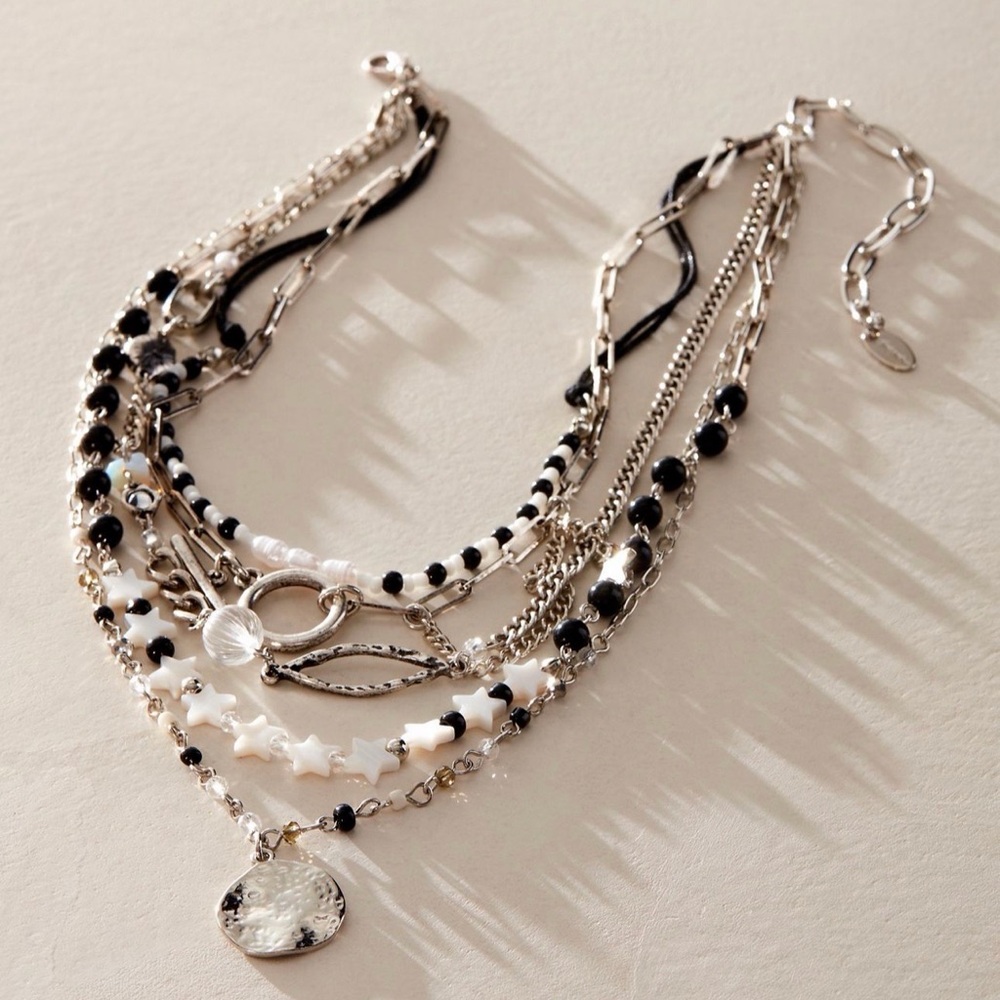 FREE PEOPLE Multi-Strand Black and White Beaded Layered Necklace